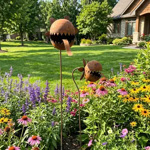 2 Pack Rustic Weathered Metal Venus Fly Trap Jagged Teeth Garden Stakes, Whimsical Carnivorous Plant Yard Art Decoration, Rusted Finish Outdoor Decorative Plant Pick, Patina