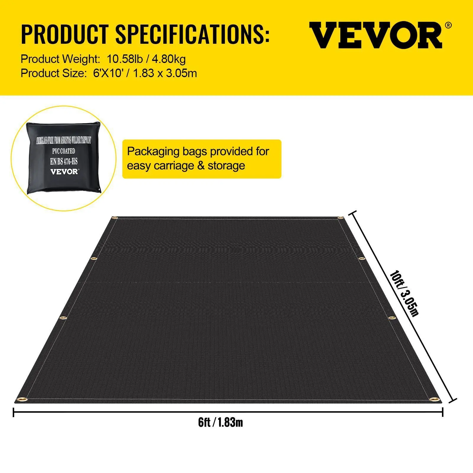 VEVOR 2-Pack 6x10 ft Fiberglass Fire Blankets, Welding Molten Metal Guard, 1022°F Flame Resistant Flameproof, Reinforced Hem, 8 Brass Grommets for Camping Emergency Scenarios