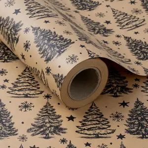 Christmas Wrapping Paper,  Roll  Paper - Black Christmas Tree and Snowflake Design for Holiday  Wrap - 24 Inches x 100