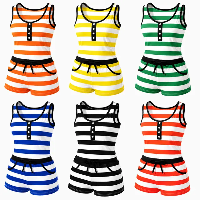 p0026#6 Pack Women’s Striped Sleeveless Rompers – Casual Tank Short Jumpsuits with Drawstring Waist & Pockets, Assorted Colors, M-XL Womenswear Everyday