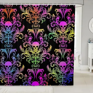 Adults Damask Gothic Bath Curtain, Antique Victorian Shower Curtain Set,Vintage Floral Goth Sugar Skull Bathroom Shower Curtain