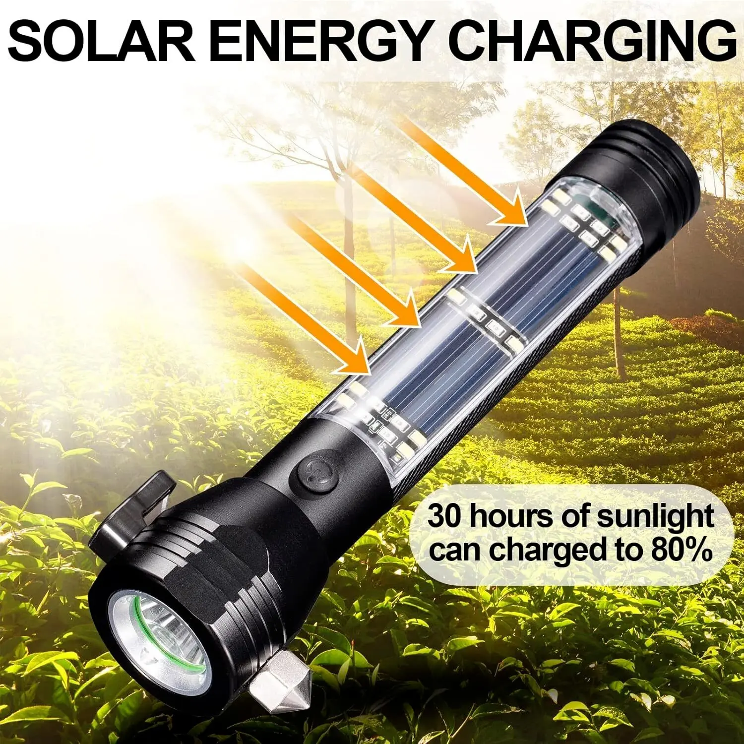 2000mAh Solar Powered Rechargeable Torch 7 Modes LED Camping USB Safety Hammer
