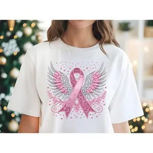 Unisex Pink Ribbon & Angel Wings Breast Cancer Awareness Printed T-Shirt, Ideal for Supporting Breast Cancer Awareness Causes