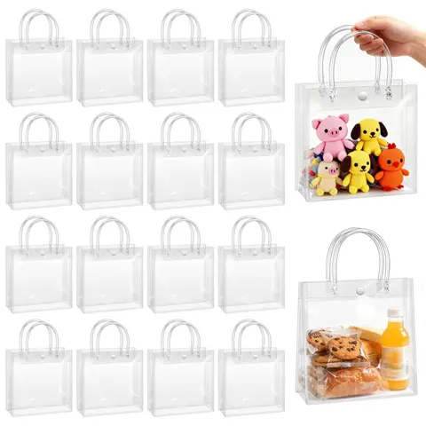 A Set of 16 Pcs Clear Gift Bags with Handles,Mini Reusable Party Favor Bags Bulk,Transparent PVC Tote Bag for Wedding,Birthday,Boutique,Halloween Christmas Party Fathersdaygift,Hand Tools Kits