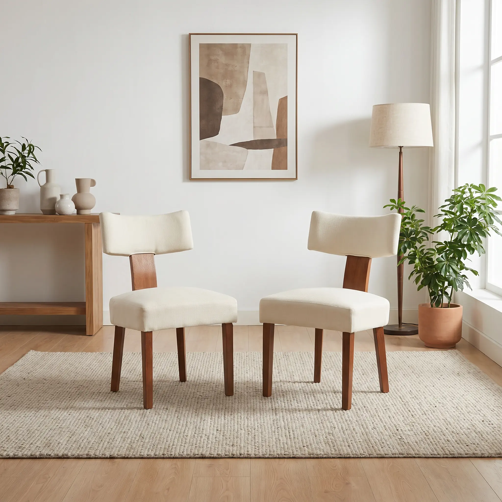 2-Piece Modern Armless Dining Chairs - Fur Fabric Wingback Furniture with Curved Design & Solid Wooden Legs for Dining Room, Living Room, Armless Dining Room Furniture