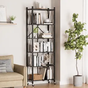 73.6 Inch Folding Bookshelf,6 Tier Metal Bookcase and Bookshelves,Tall Shelves for Living Room Office Bedroom,Heavy Duty Book Shelve Free Standing Open,Black furniture organizer
