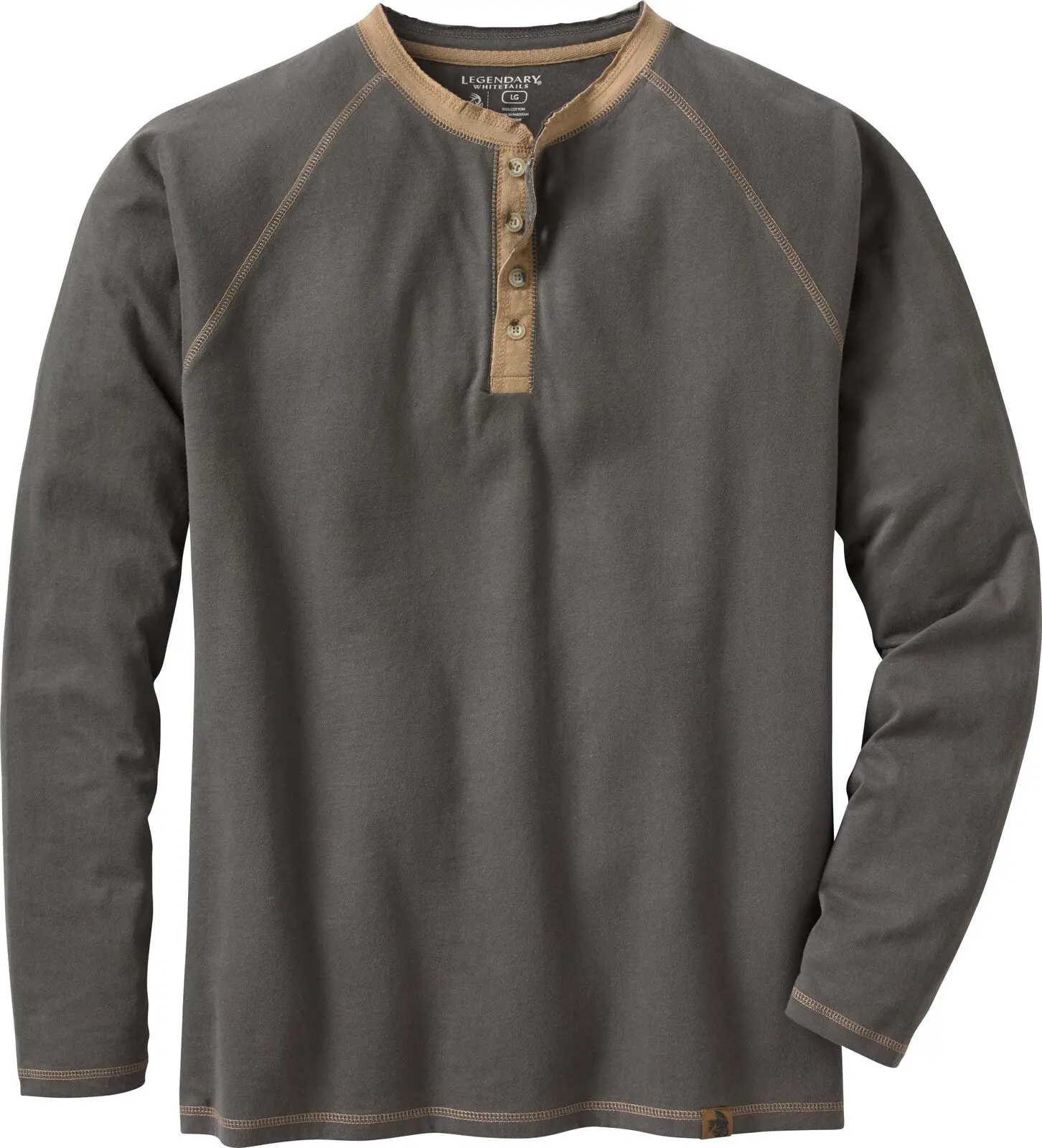 Legendary Whitetails Men's Recluse Cotton Jersey Henley Shirt, Casual Raglan Long Sleeve with Distressed Seams