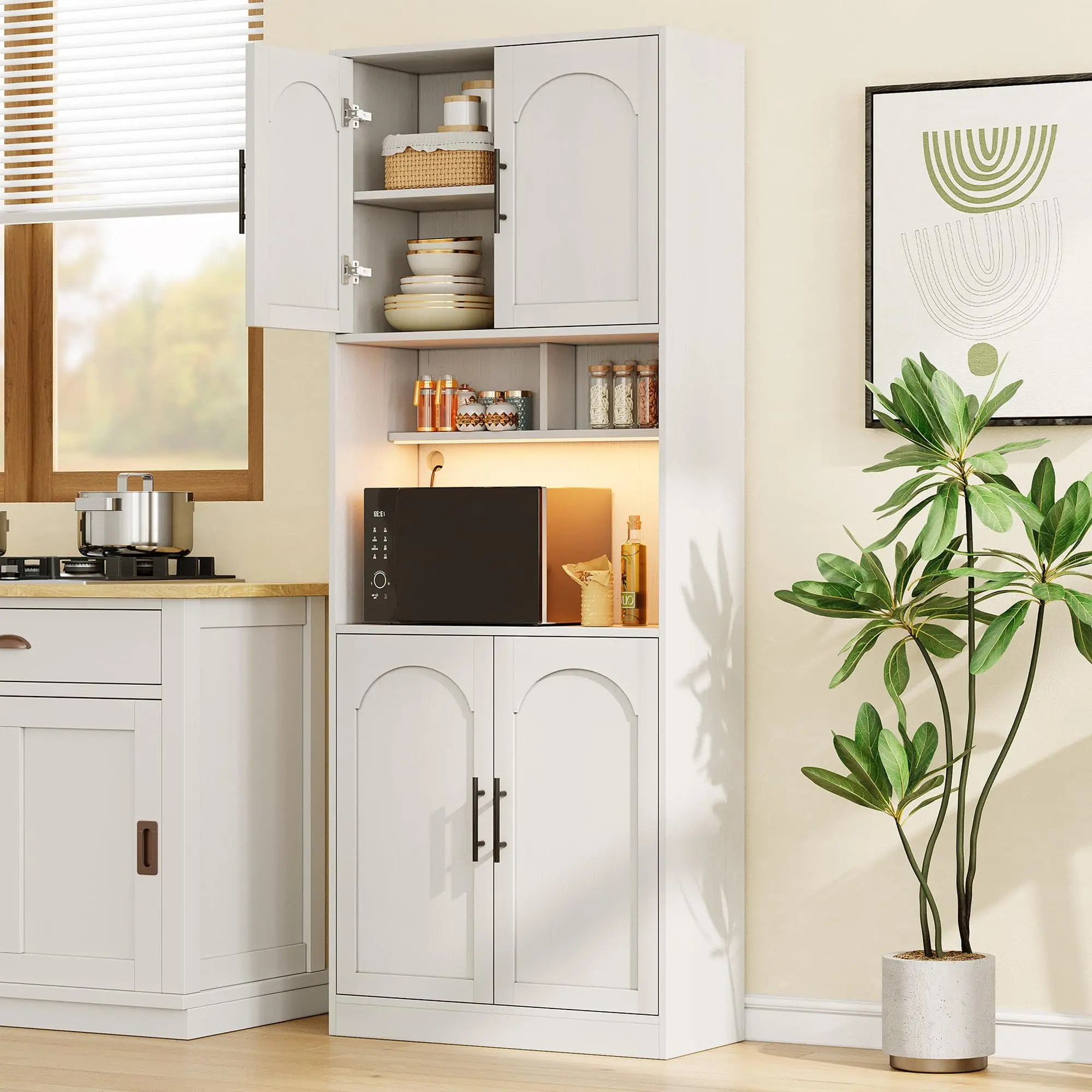 Gaomon White Tall Modern Rustic Farmhouse Wood Kitchen Hutch Bar Cabinet - Multi-Shelf Microwave Stand, Pantry Cupboard with RGB Lights, 2 Open Shelves, Barn Doors, Assembly Required, Mobile Phone App Compatibility for Dining Room Storage