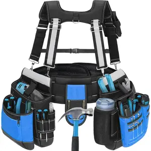 Tool Belt with Suspenders for Men, Construction Tool Belt with 32 Pockets, 1680D, Strips for Safety, HVAC Toolbelt for Men