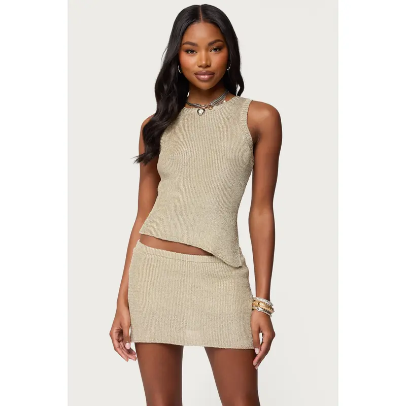 asymmetrical black and white knit onevshiulder side slit tie tope