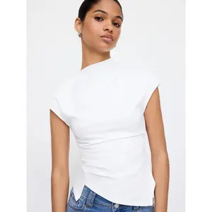 Cider Cotton-blend Stand Collar Ruched Asymmetrical Hem Short Sleeve Top SwimWeek