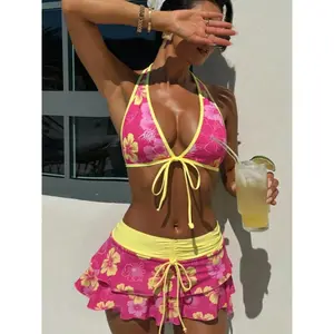 3 Piece Leopard Print Bikini Set, Exotic Fashion Swimwear for Beach Parties, Trendy and Sexy Summer Swimsuit, Floral Bikini, Bikini Skirt Set, Tropical Print Bikinis