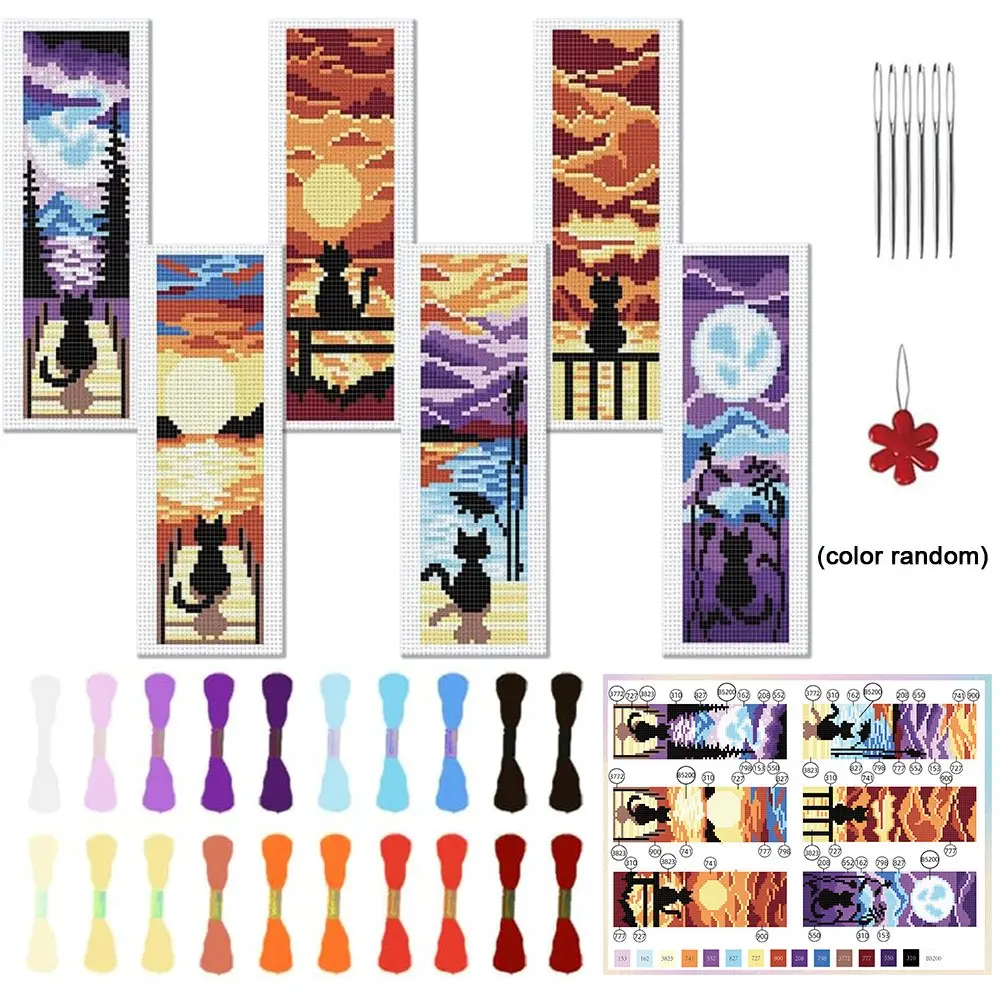 6-Piece Cat Sunset Cross Stitch Sewing Bookmark Kit, Includes Fabric, Thread, Tools, Instructions, Ideal for Beginners, Book Decor, Book Accessories, Gift