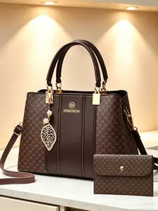 Vintage Two-Piece Women's Fashion Versatile Large Capacity Shoulder Crossbody Bag, Fashionable Casual Bag, PU Leather, All over Print, Casual Style, All Seasons