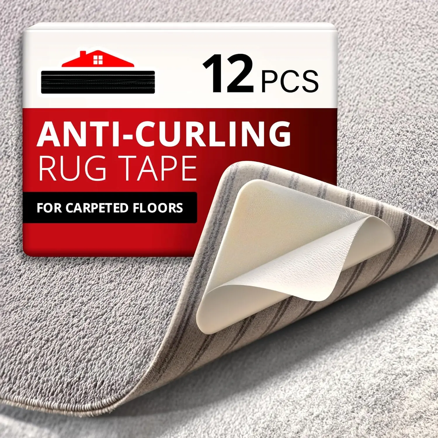 Rug Tape for Carpet - 12 Pcs Set - White Anti-Slip & Anti-Curling Carpet Tape for Rugs - Premium Rug Pad Gripper - Carpet Corner Grippers to Keep Your Rugs