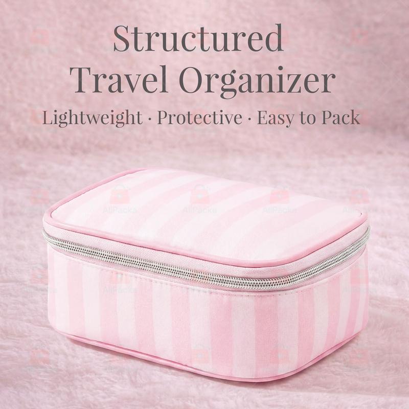 Pink Striped Structured Travel Makeup Organizer  Lightweight Protective Cosmetic Bag with Zipper, Easy to Pack for Daily and Travel Use travel cosmetic bag