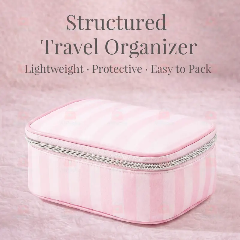 Pink Striped Structured Travel Makeup Organizer  Lightweight Protective Cosmetic Bag with Zipper, Easy to Pack for Daily and Travel Use travel cosmetic bag