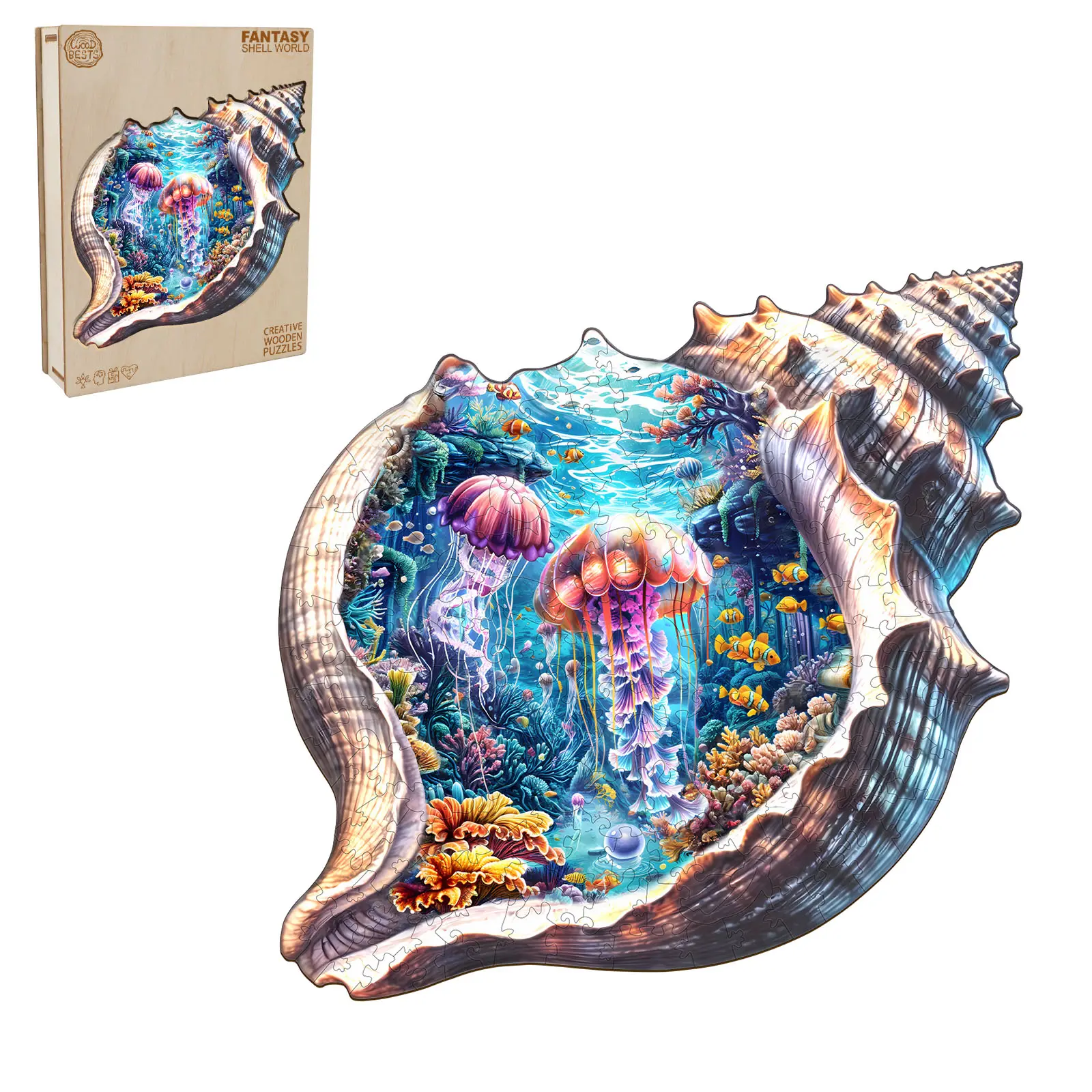 Unique Shape Fantasy Shell World Wooden Jigsaw Puzzle with Wooden Storage Box - Beginner Art Puzzles Gift for Adults, Home Decor, Valentine's Day-Children's Day Family Game Toy