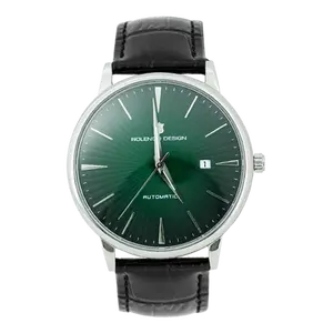 Men's Slim Silver Automatic Watch, Emerald Green Sunburst Dial Date Window Black Croc Leather Strap Business Formal Mechanical Watch