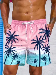 Men's Coconut Tree Gradient Print Swim Trunks, Beach Holiday Shorts, Fitted Waistline, Fashionable Seagull Pattern, Pool Wear, Swimming Shorts