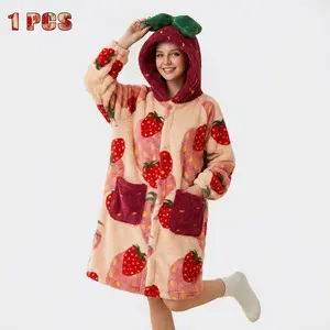 Strawberry Theme Plush Costume Props, Hat Included Party Pajama Style, Halloween Carnival Event Gear, Cute Fruit Print Role Play Sleepwear