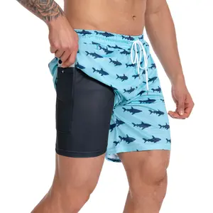JUNBAOSS Men's Light Blue Shark Print Swim Trunks with Pockets Quick Dry Beach  Sports Shorts Casual Swimwear Bathing Summer Board Shorts for Swimming Surfing Bathing Suits