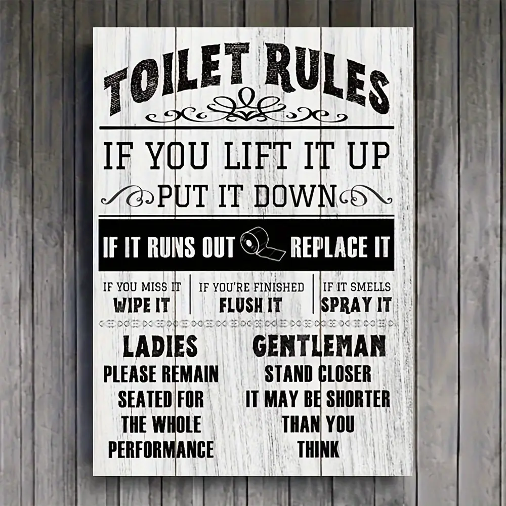 1pc Artistic Rust-Proof Tin-Wrapped Canvas Photo Plaque - Funny Black Casual Vintage Bathroom Toilet Rules Sign, Wall-Hang Ready Home Decor for Dads, Husbands & Bros, Father's Day Gift (Better Than Socks)