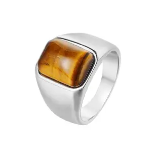 Mens Stainless Steel Silver Natural Tiger Eye Stone Ring Size 7-15 R32
