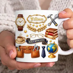 Custom Dad Mug 2D Printed 3D Effect Faux 3D Ceramic Coffee Cup Personalized Built With Love Design for Dads Fathers Family Appreciation Gift Idea for Him Birthday Father’s Day Special Keepsake Present