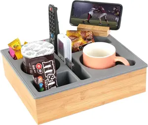 Hitseon Couch Cup Holder Tray, Handy Silicone Bamboo Couch Caddy with Rotatable Phone Holder for Bed Car Seat Organizer, Waterproof Anti-spill Sofa Cup Holder for Snacks Beverage Remote (Gray)