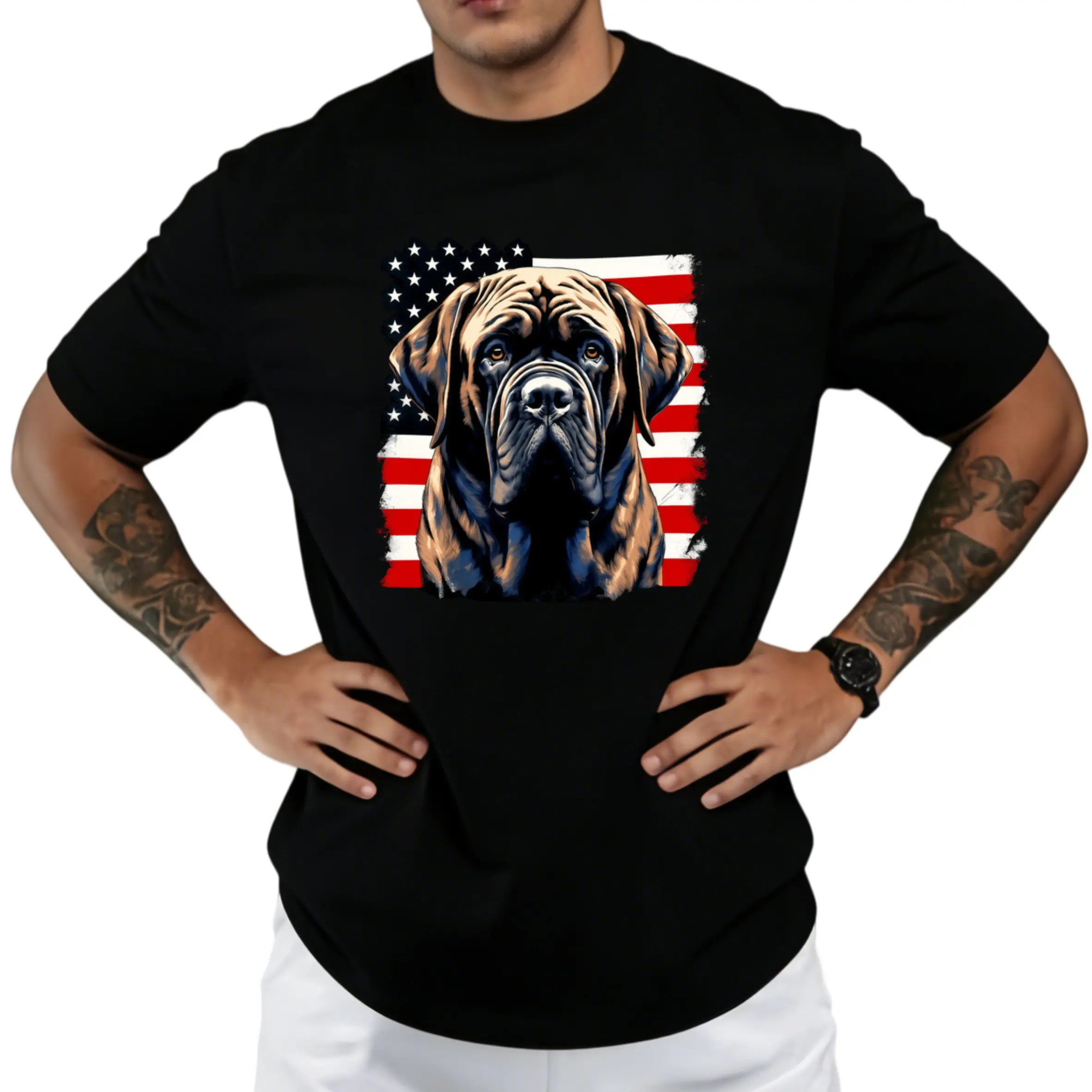 Men's & Women's English Mastiff Dog US Flag T-Shirt - 100% Cotton Casual & Athletic Loose Fit Round Neck Short Sleeve Shirt with Mastiff & Stars Print,  for 4th of July, Casual Attire - Black Dog Lover Apparel