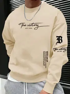 Men's Letter Pattern Print Fleece Round Neck Long Sleeve Sweatshirt, Fall & Winter Fitted Casual Versatile Top, Comfortable and Stylish
