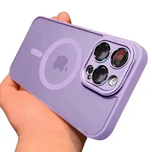 Original Logo Liquid Silicone Phone Case for iPhone 15 16 13 12 14 11 Pro Max Plus Glass Lens Camera Protection Soft Cover in Purple
