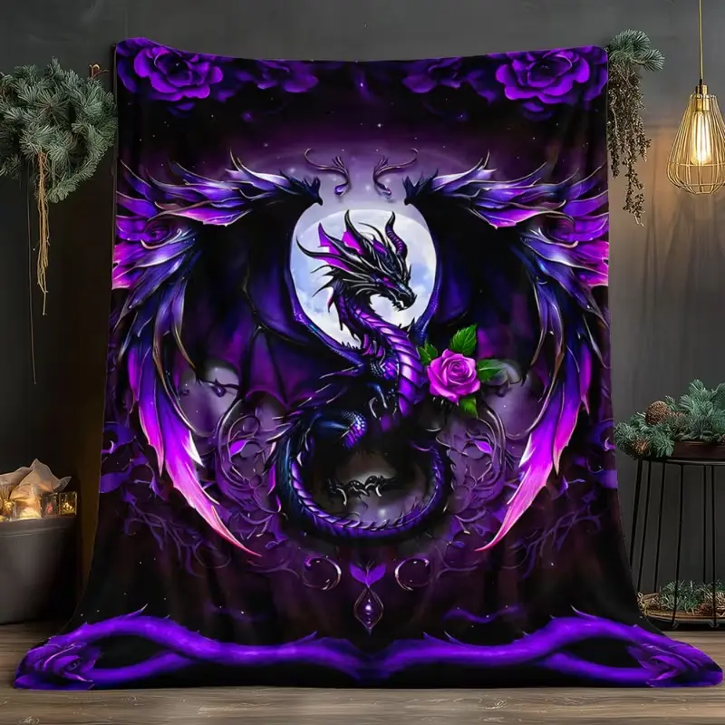 1pc Heavy Duty  Dragon Patterned Flannel Blanket Deep Purple Black Dragon Scales White Roses Chinese Dragon Gothic Luxury Soft Warm All Seasons Dreamy Bedding Queen King Size Christmas Gift