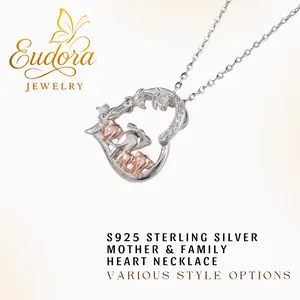 Eudora S925 Sliver Family Elephant Rose Gold Heart Necklace For Mom, Mother-Child & Couple Love Pendant, Sentimental Mother's Day Jewelry Gift for Women