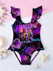 Kpop Demon Hunters Girls' Trendy One-Piece Swimsuit, 3D Colorful Blue Full Print, Cute Ruffled Design, Beach Vacation Essential