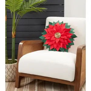 Saro Lifestyle  16 in. Round Felt Poinsettia Throw Pillow with Poly Filling, Felt Poinsettia