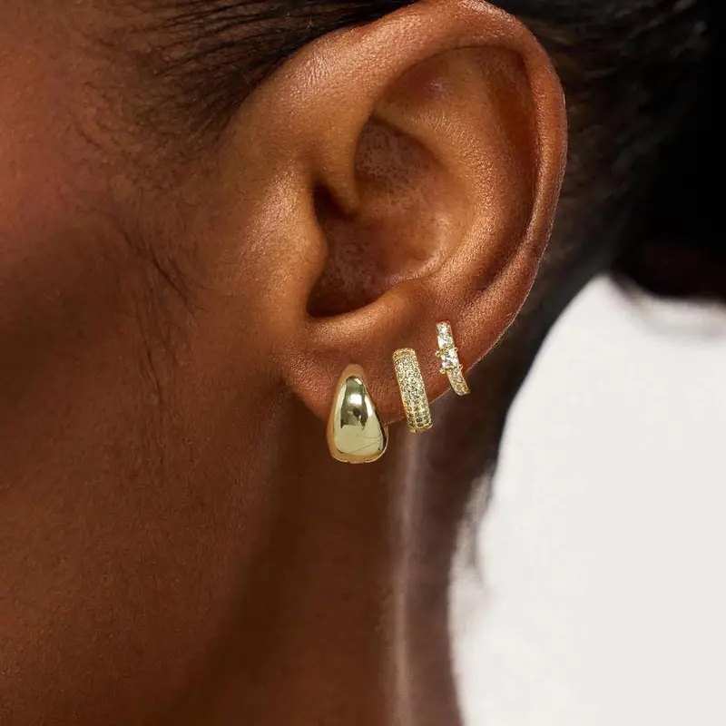 Tasiso Women's Chunky Statement Thick Gold Hoop Earrings Set - 14-Plated Metal Stackable Earrings for Multi-Size Piercing Stack, Hypoallergenic Lightweight Casual Cuff Costume Gold Jewelry