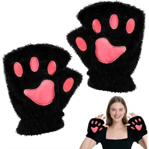 Fingerless Cat Paw Gloves Furry Plush Animal Mittens Cute Cozy Gloves for Men and Women