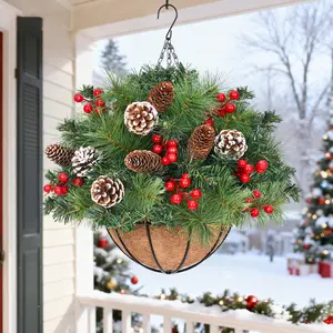 Pre-Lit Artificial Christmas Hanging Basket with Pine Cones & Berries LED Lighted Outdoor Decoration for Garden Patio Lawn Front Porch Xmas Holiday Decor Battery Powered Ornament Colorful