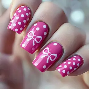Sweet Bow Short Nail Tips, Cute Polka Dot Design, Reusable & Detachable, Perfect for Daily Use, Parties, Vacations