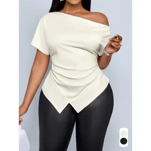 Plus-size women’s casual ombre short-sleeved top with an asymmetrical hem and an off-shoulder, fitted design, suitable for everyday wear in autumn