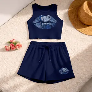 Women's Lips  Print Sleeveless Tank Top And Drawstring Shorts Set, Casual Summer Sportswear Two Piece Outfit, Ribbed Knit Tank And Shorts Set For Everyday Wear
