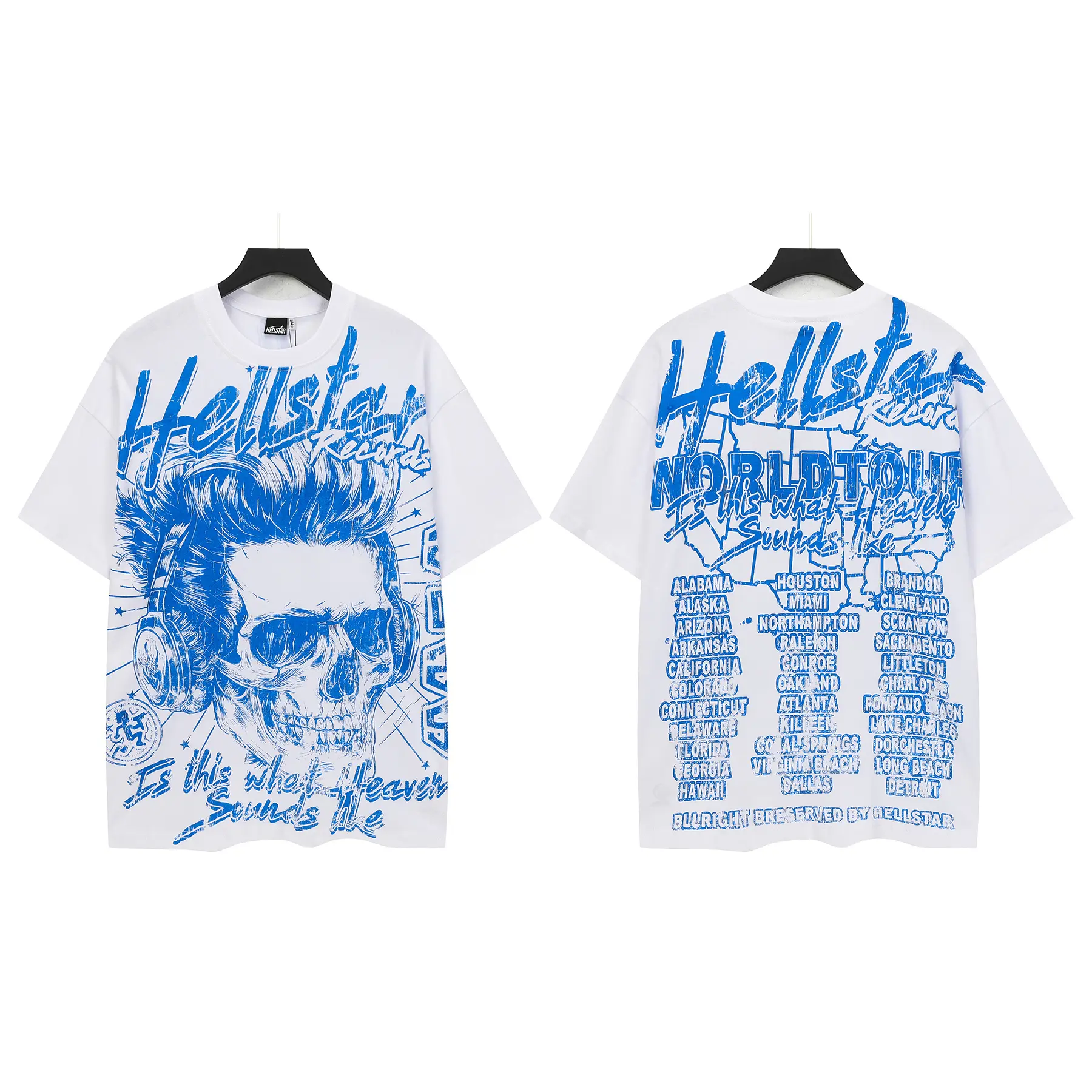 2026 HELLSTAR 100% Cotton Certified Records World Tour Skull Graphic Tee Blue Print Standard Fit T-Shirt