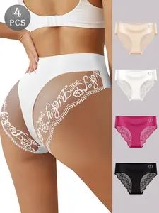QUASTI 4-Pack Elegant Lace Mid-Waisted Panties Breathable Fabric Silky Smooth Comfortable Seamless Underpants Invisible Lightweight Underwear Sexy and Elegant Style - Confident Womenswear S-XXL