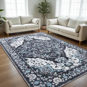 Black Washable Faux Wool Throw Area Rugs For Living Room, 0.3 In Non Slip Low Pile Vintage Boho Carpet For Ding Room, Home Office, Bedroom, Kids Room, Bedside, 4x6, 5x7, 6x9, 8x10, 9x12 Feet