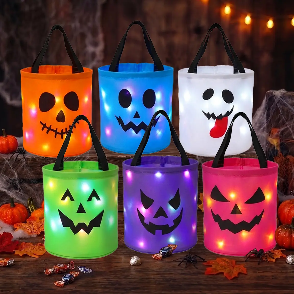 3/4 Pcs Halloween Candy Bucket with LED Lights Non Woven Trick or Treat Bags Pumpkin Candy Bags Gift Bags Reusable Tote Bags for  Kids Students Adults, Night Light Bags for Home Garden Lawn Decorations, Halloween Birthday Christmas Party Favor Supplies