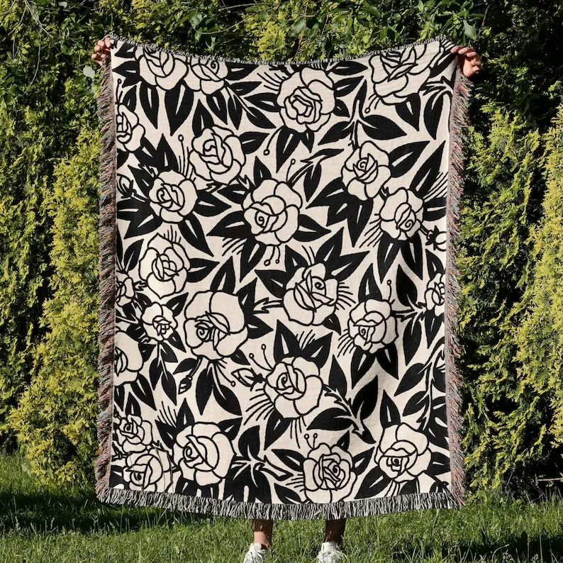 roses traditional tattoo blanket floral woven throw tattoo flash tapestry traditional tattoo woven throw boho neutral nursery decor