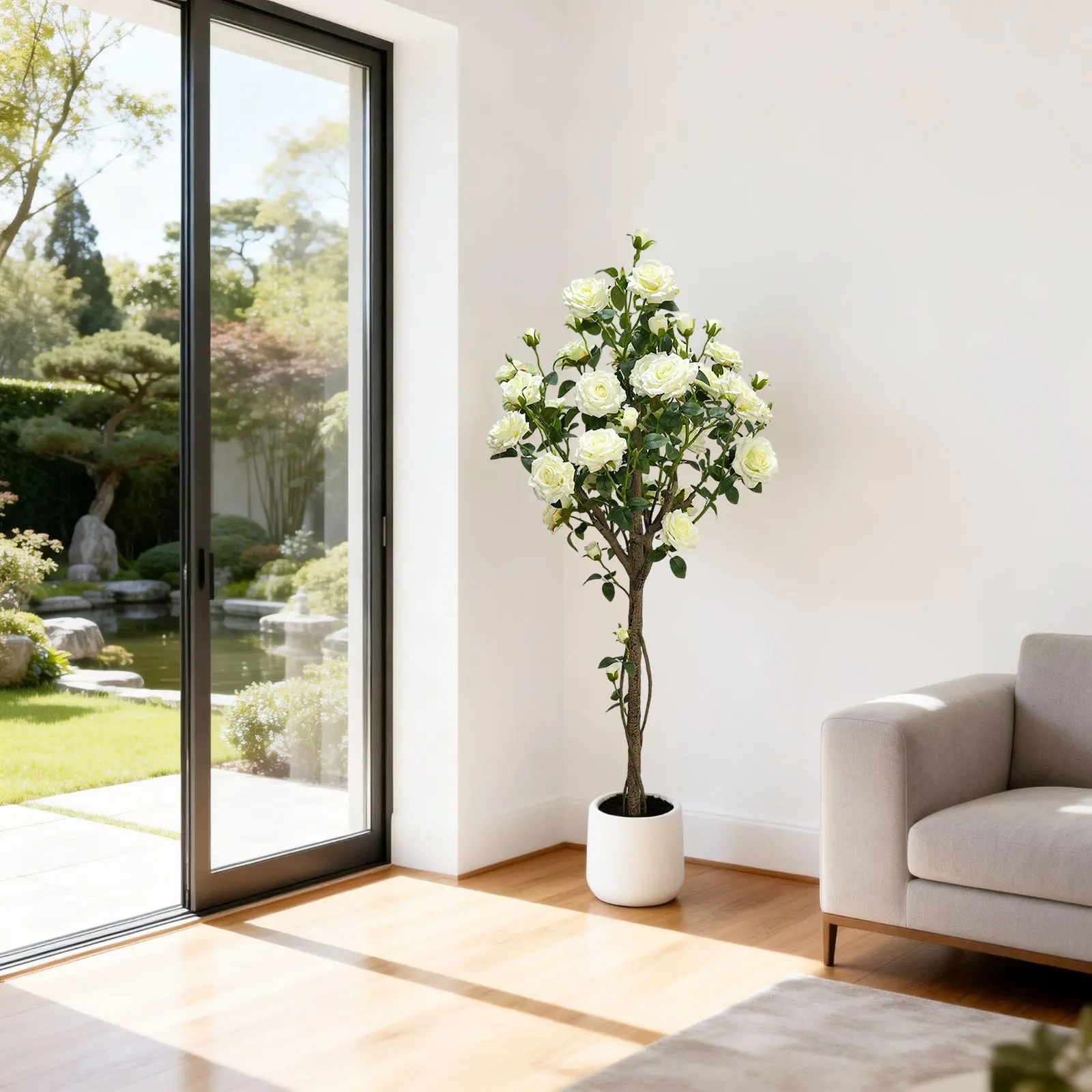 150cm Faux Silk Artificial Rose Tree - Thick Trunk, Lifelike White Flowers, Colorful Leaves, Modern White Round Pot Topiary, Nature-Infused Plant Decor for Indoor Home/Office Gift, Leaf