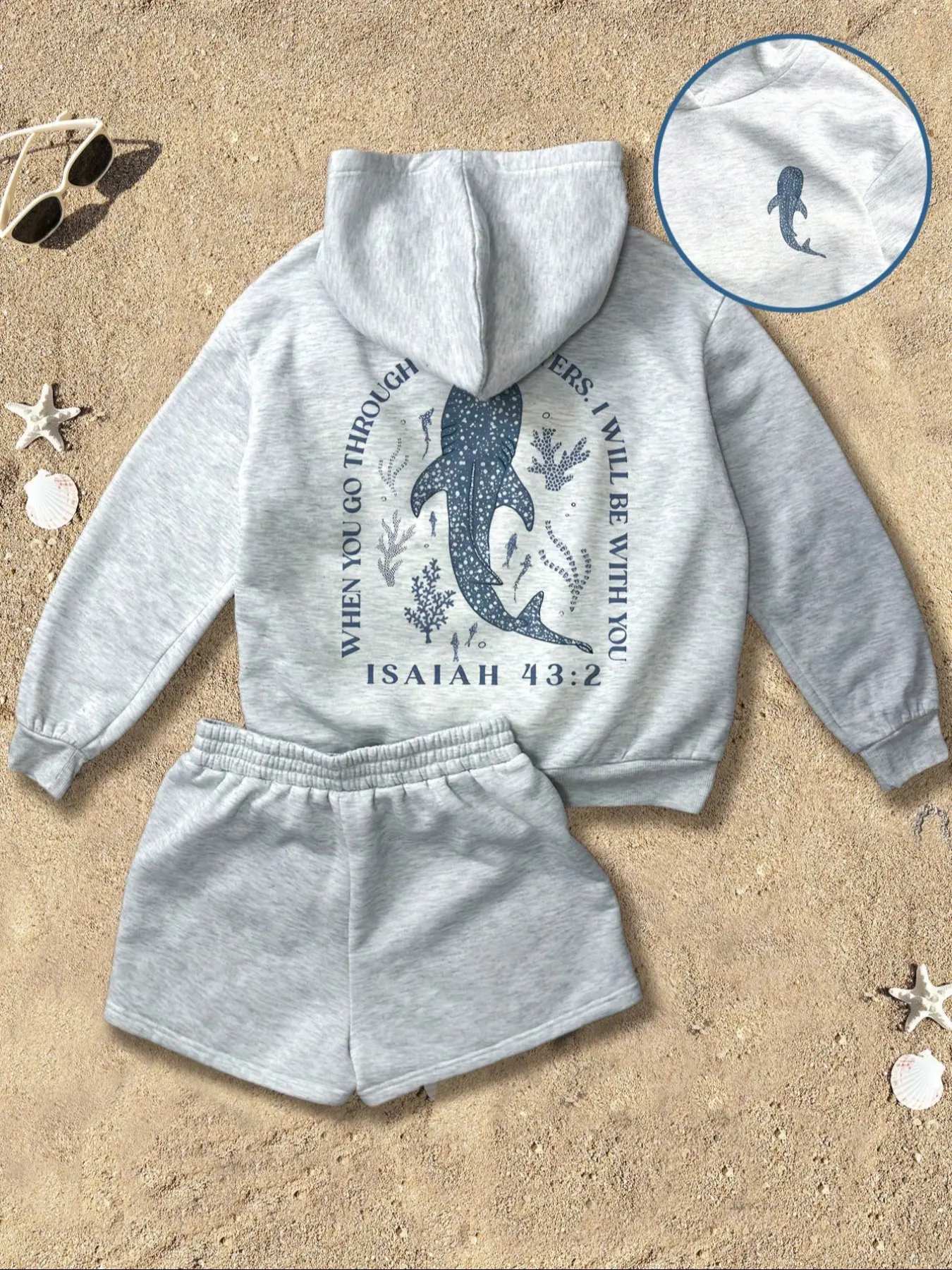 Women's Casual Vibe Hooded Knit Sweatshirt Set, Animal Whale Shark Print Drop Shoulder Pullover Shorts, Fall & Winter Loose Fit Drawstring Homewear, Clothes Womenswear Outfit